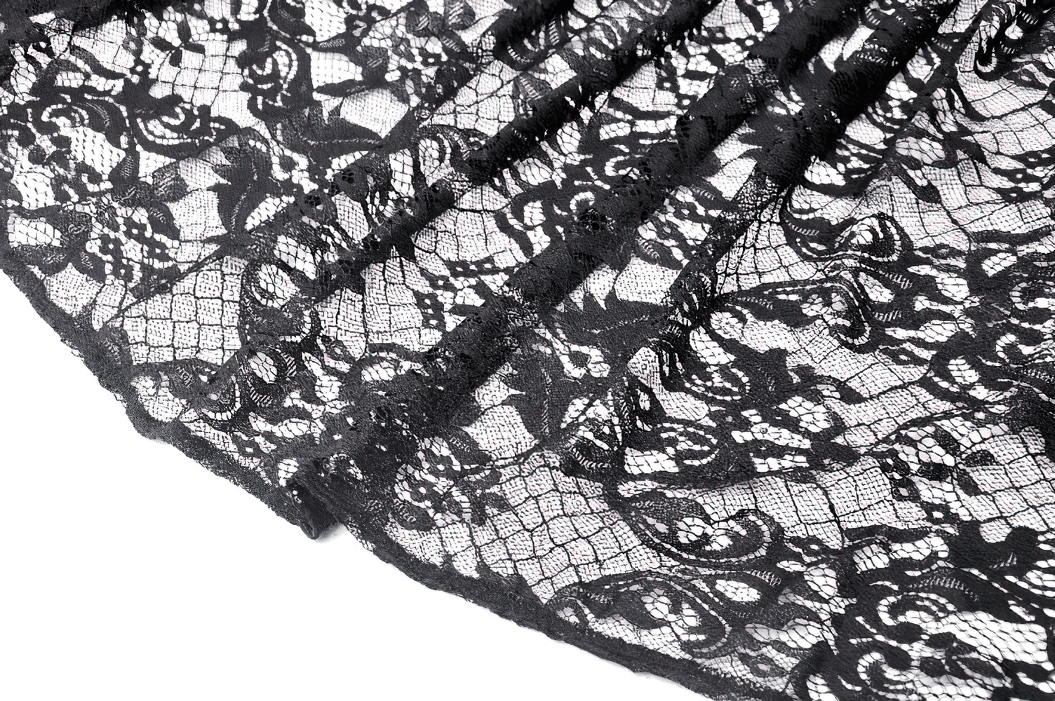 Close-up of intricate black lace fabric featuring floral patterns, perfect for Victorian-inspired designs.