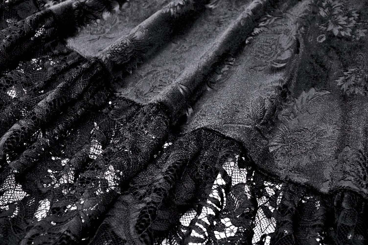 Close-up of black lace fabric featuring floral patterns for Victorian-inspired evening cape.