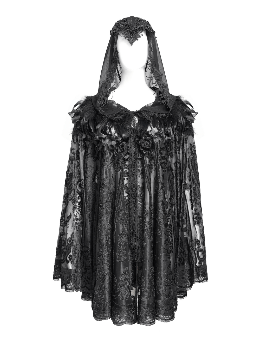 Elegant black lace Gothic cape with hood, featuring roses and feather detailing, perfect for themed events.