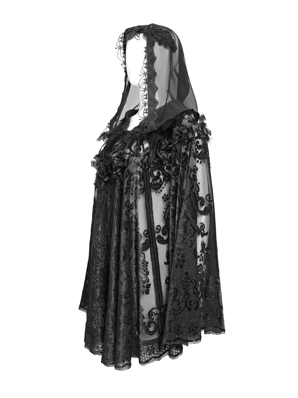 Elegant black lace Gothic hooded cape with roses and feather detailing, perfect for witchy and Victorian styles.