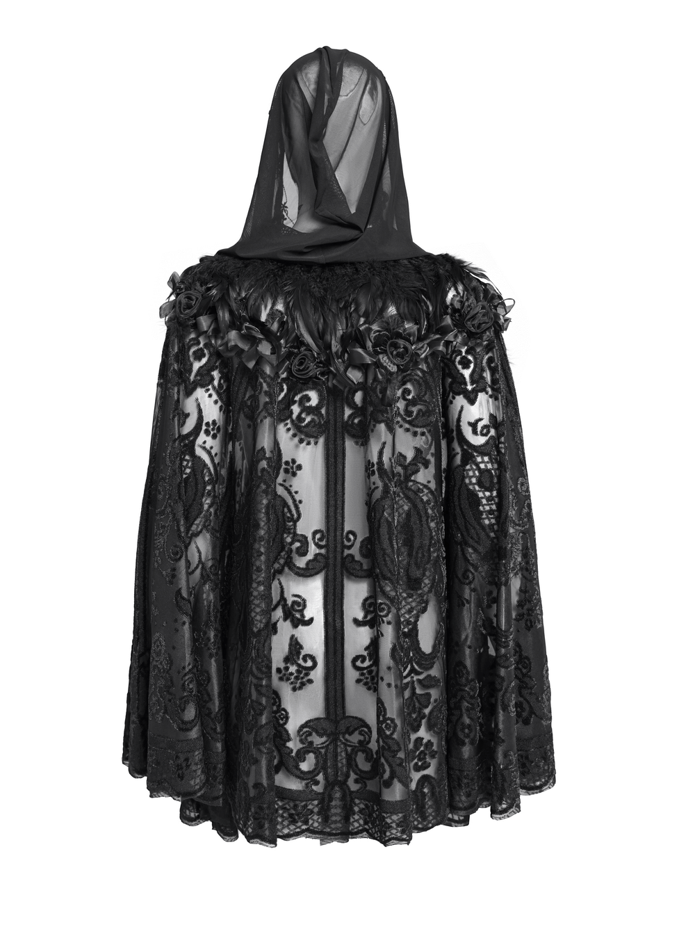 Elegant black lace Gothic hooded cape featuring roses and feather detailing, perfect for themed events or evening wear.