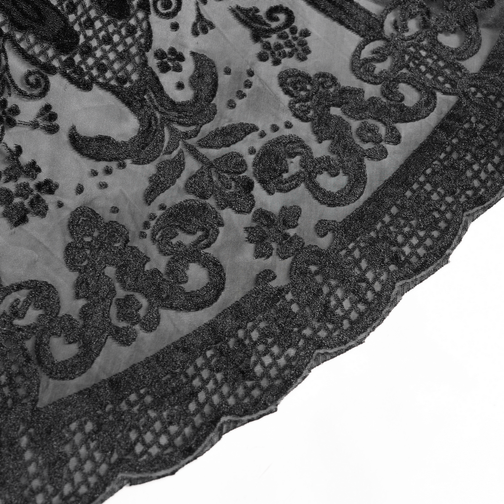 Elegant black lace design featuring intricate floral patterns and detailed edging, perfect for Gothic and Victorian styles.