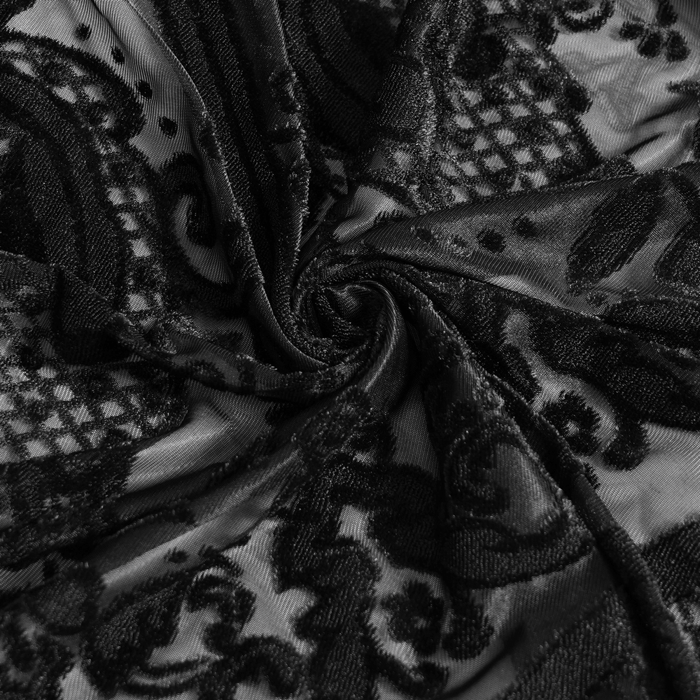 Elegant black lace fabric showcasing intricate floral patterns, perfect for gothic or Victorian-inspired designs.