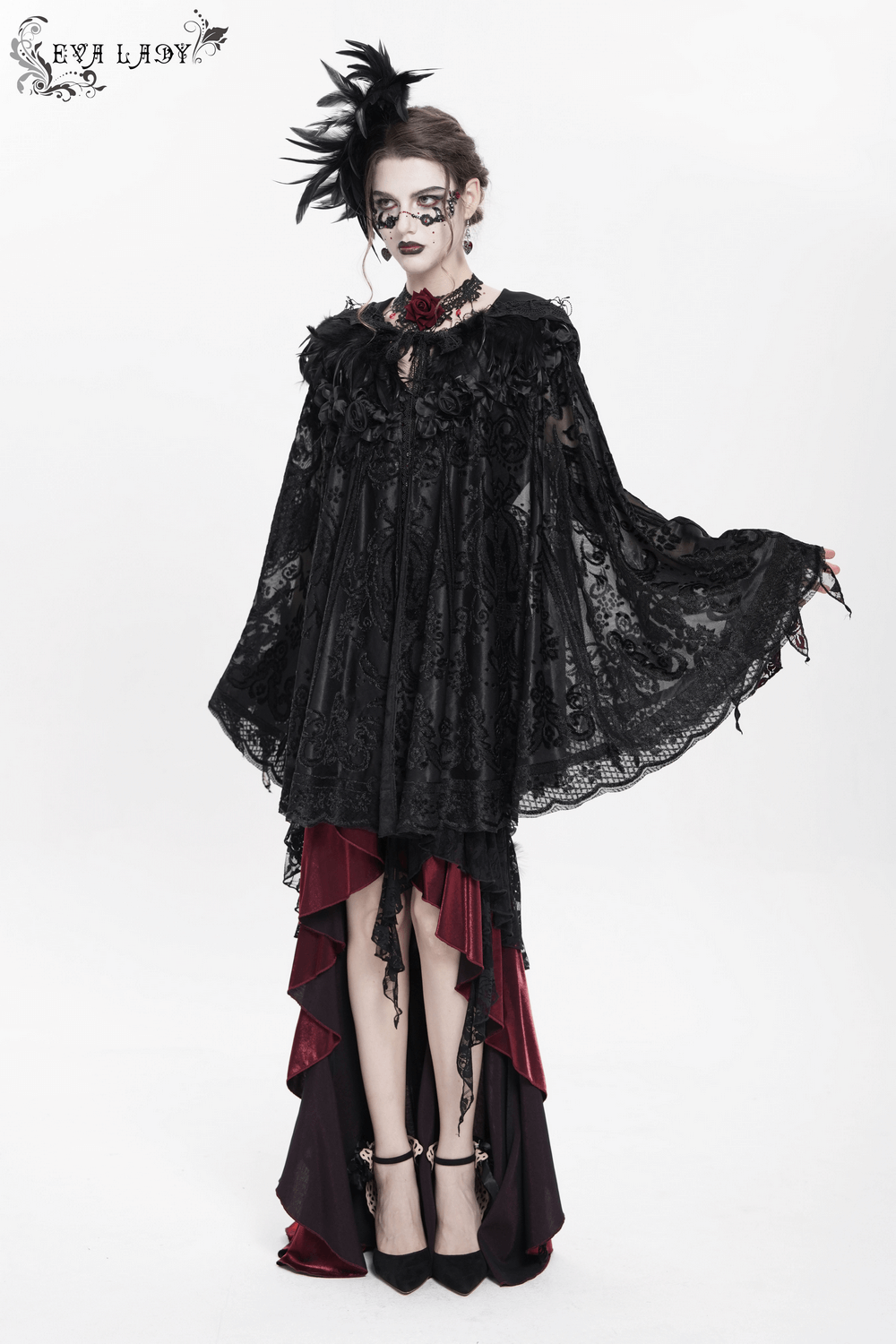 Elegant black lace Gothic cape with roses, feathers, and hood, perfect for Victorian and witchy looks.