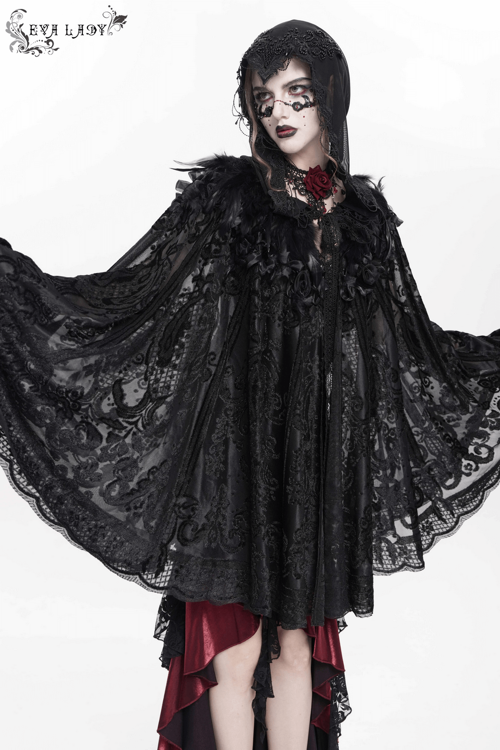 Elegant black lace Gothic hooded cape with feather and rose detailing, perfect for dramatic evening wear.