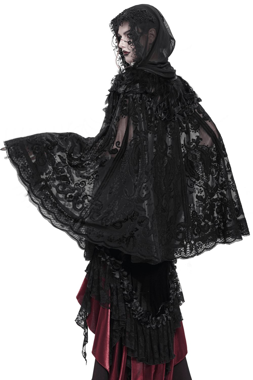 Stunning black lace Gothic cape with roses, feather detailing, and elegant hood, perfect for mystical and Victorian styles.