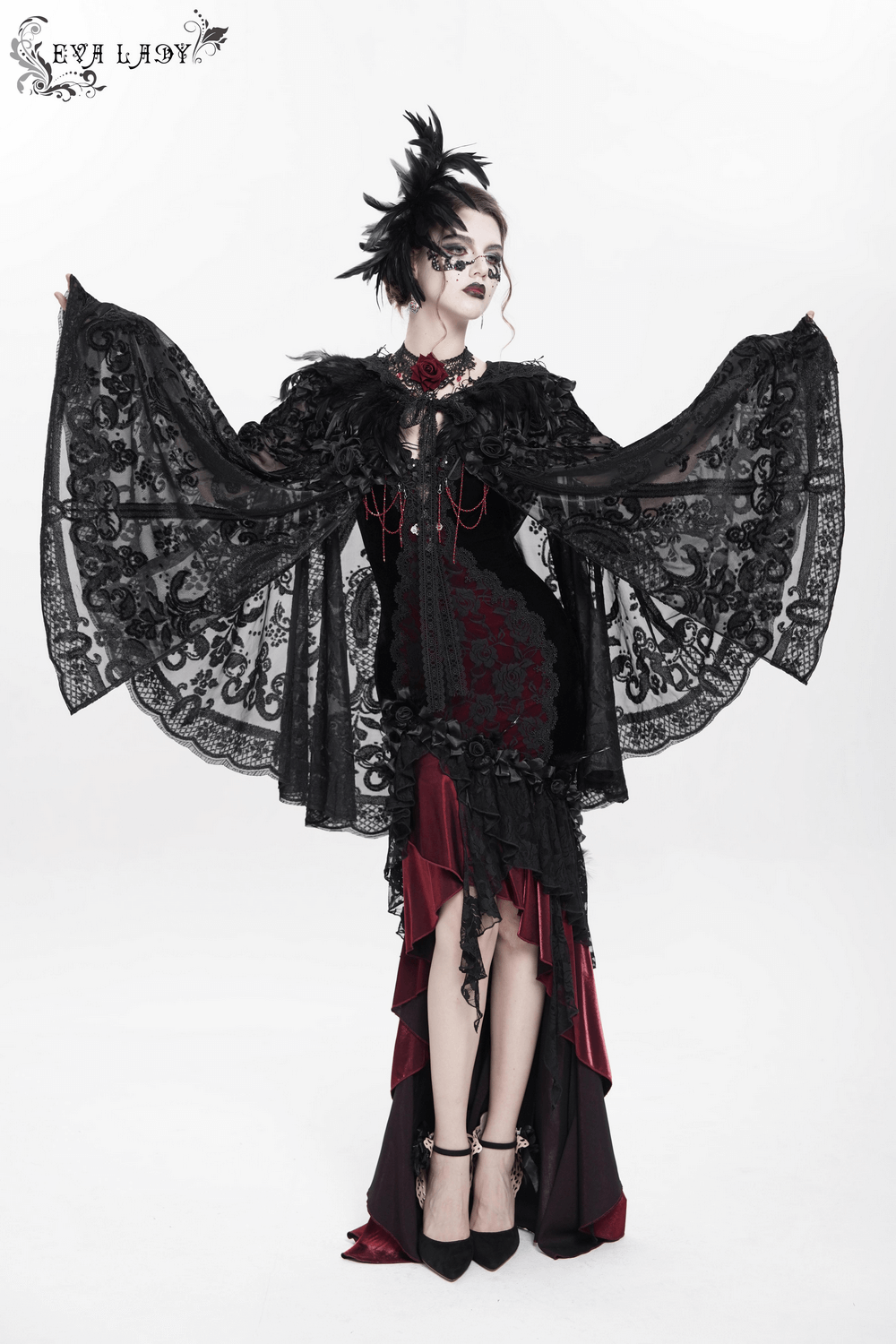 Elegant black lace Gothic hooded cape with roses and feather details, perfect for dramatic evening wear.