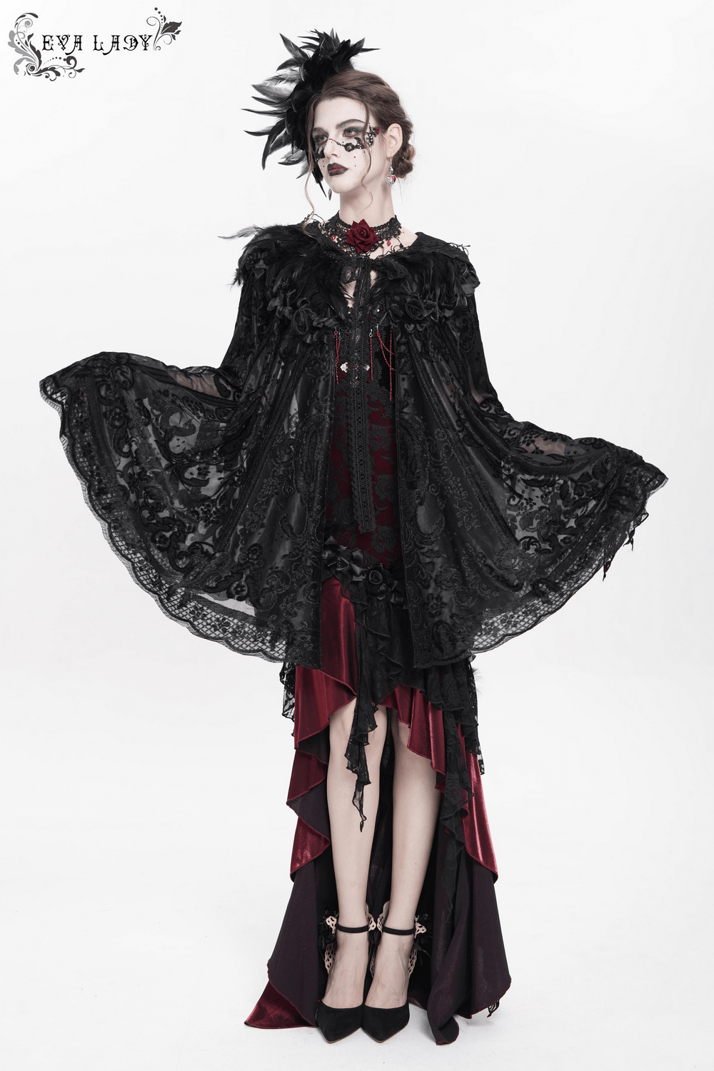 Elegant lace Gothic hooded cape with roses and feather detailing, perfect for Victorian or witchy looks.