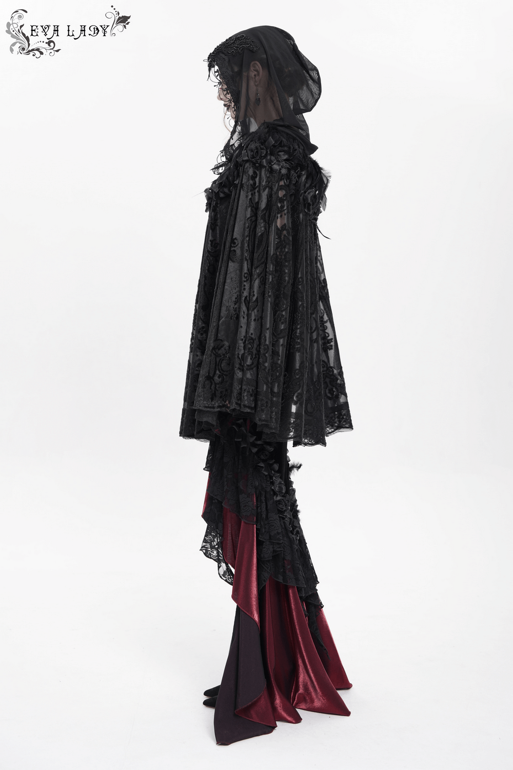 Elegant black lace Gothic hooded cape with roses and feather details, perfect for mysterious evening looks.