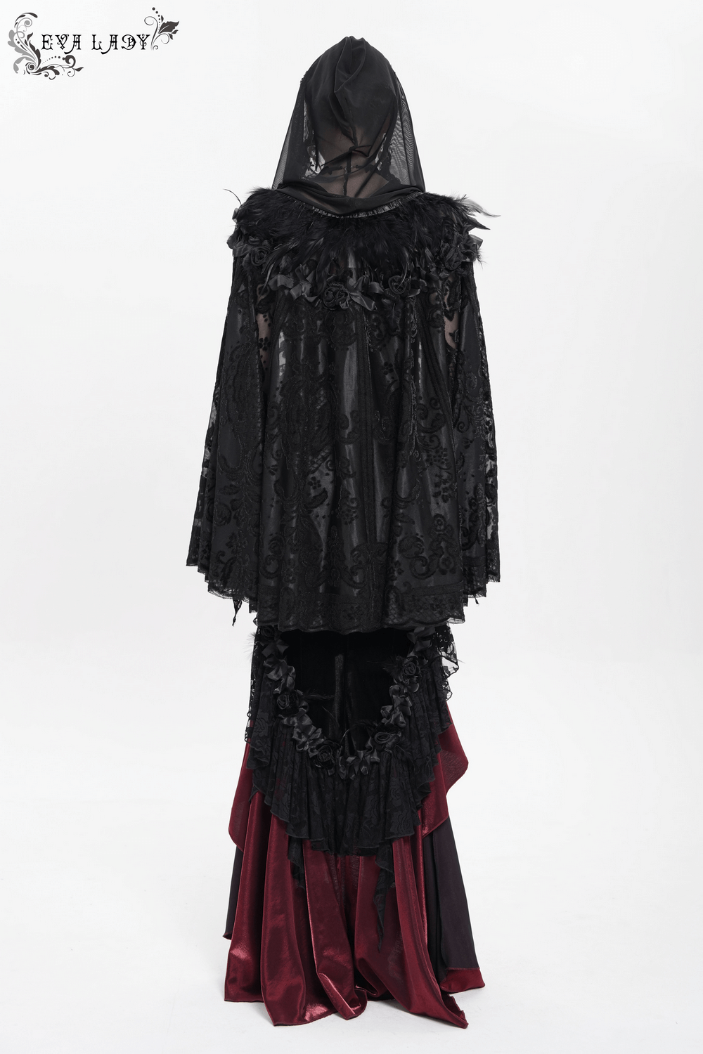 Elegant black lace Gothic hooded cape with feather detailing and roses, perfect for evening wear or themed events.