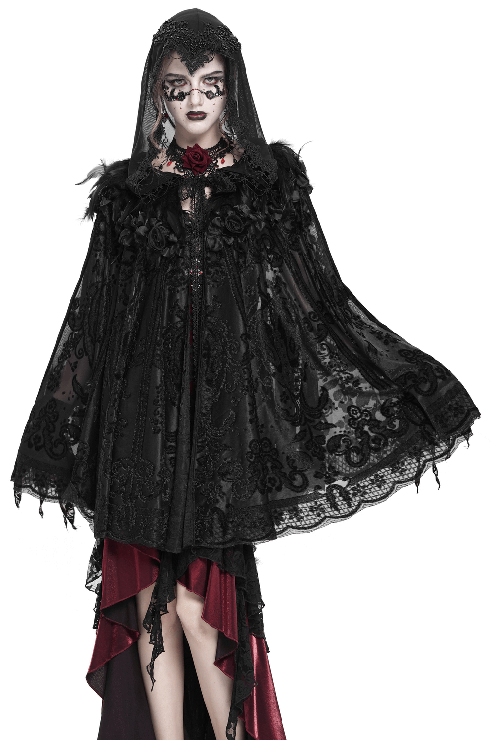 Elegant black lace Gothic hooded cape with roses and feathers, perfect for Victorian or witchy style.