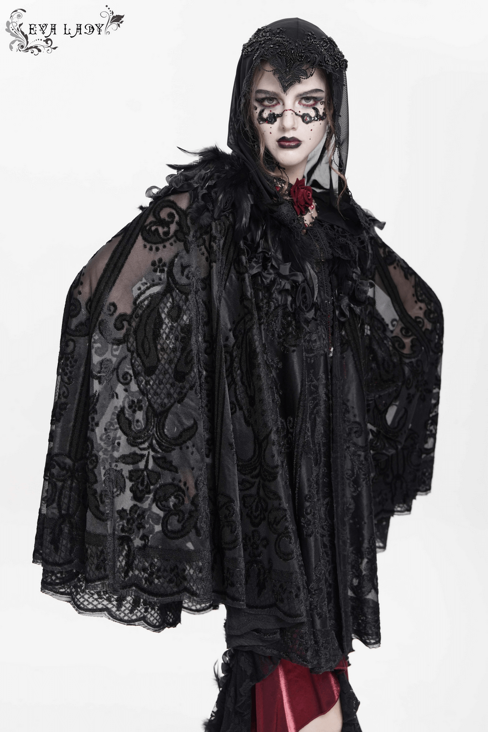Elegant lace Gothic hooded cape with roses and feather detailing, perfect for dramatic evening wear.