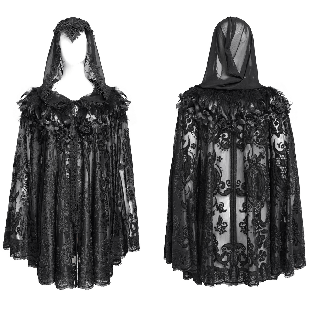 Elegant black lace Gothic cape with hood, roses, and feather detailing for gothic and Victorian styles.