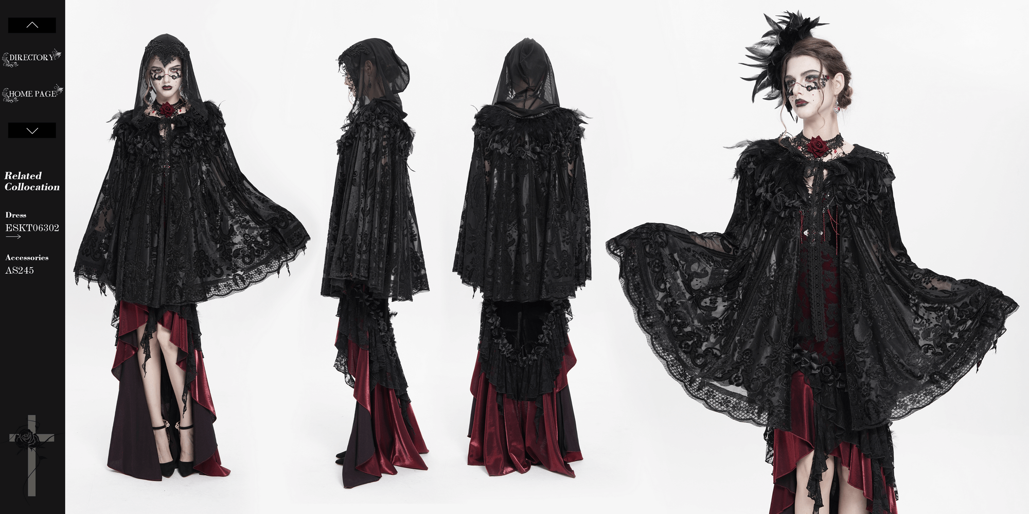 Lace Gothic hooded cape with roses and feather detailing worn by a model, showcasing elegant black lace craftsmanship.