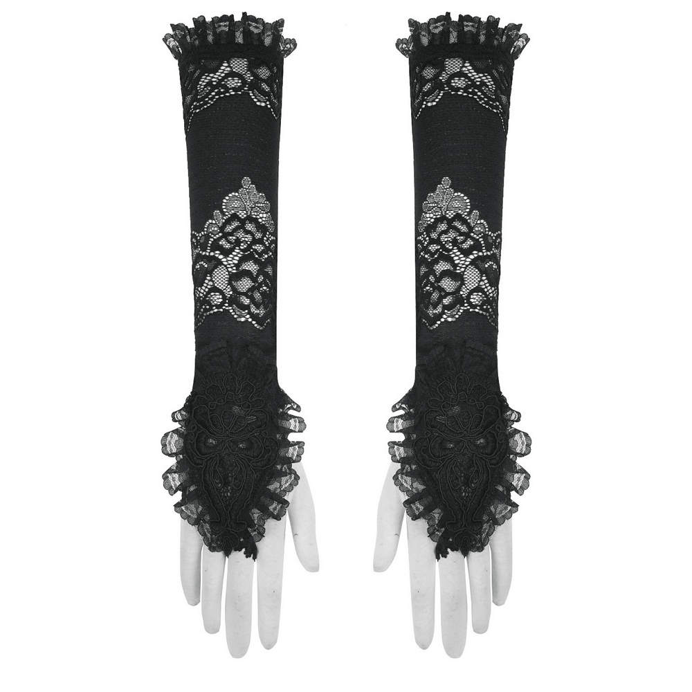 Black lace long fingerless gloves with elegant frills and intricate lace detailing for a gothic fashion statement.