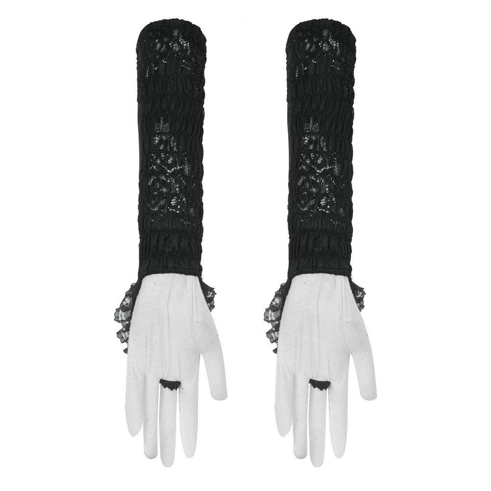 Elegant black lace long fingerless gloves with frills and ruffles, perfect for gothic fashion and special events.