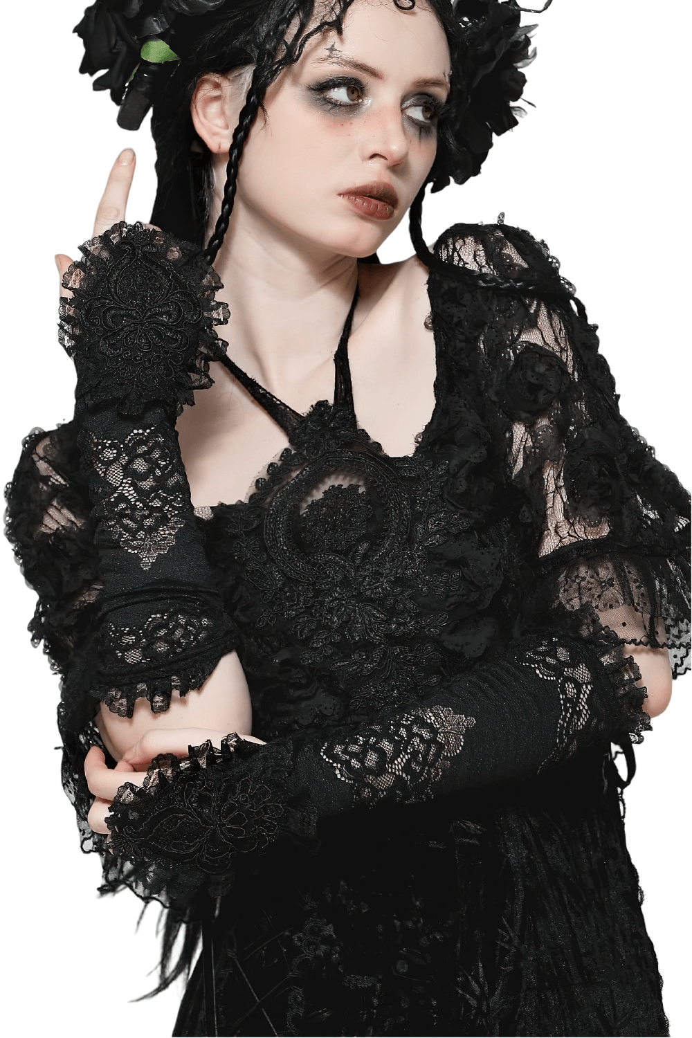 Elegant model showcasing black lace gothic long fingerless gloves with frills and ruffles for a dark fashion statement.