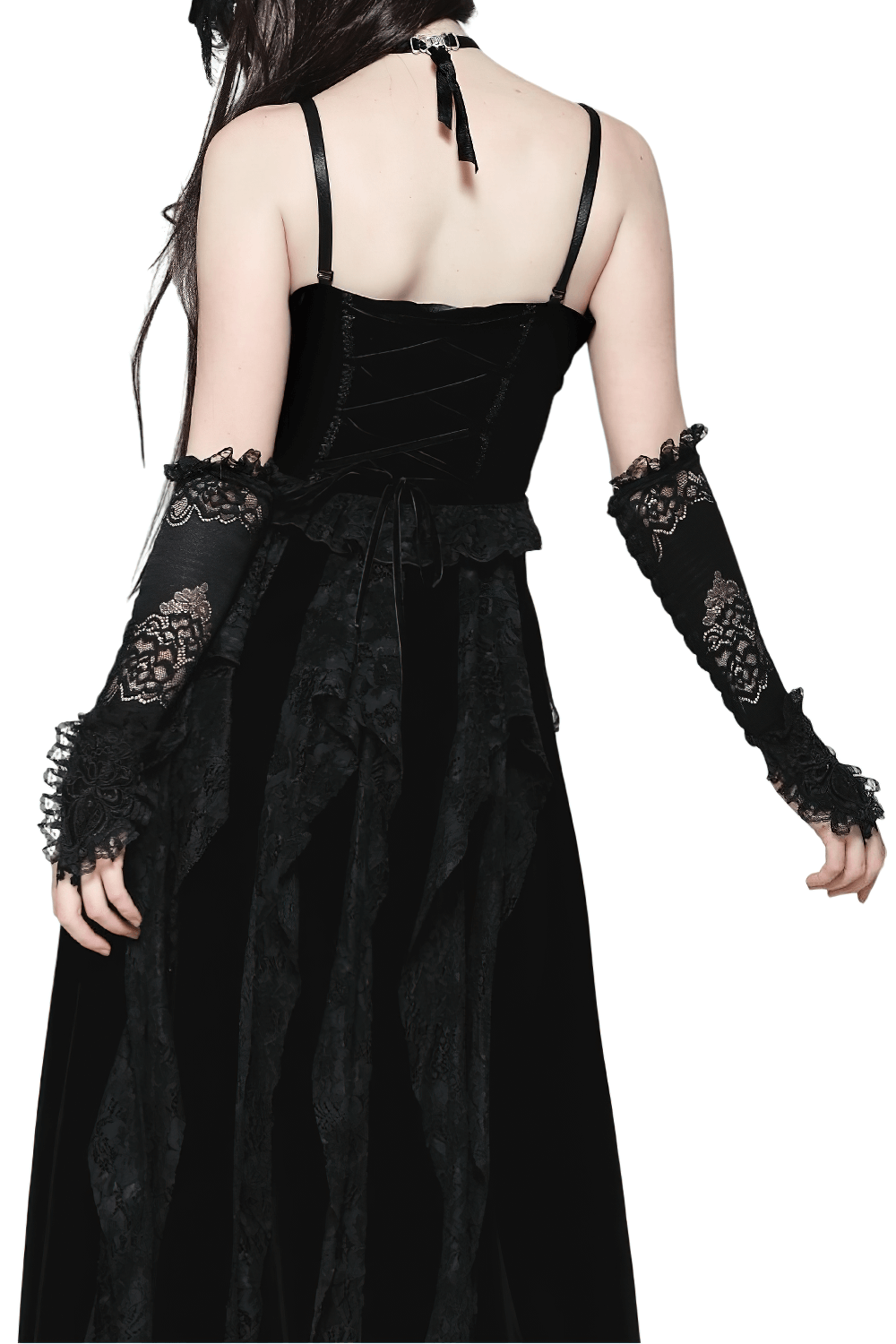 Elegant black lace long fingerless gloves with frills, paired with a gothic dress for a striking outfit.