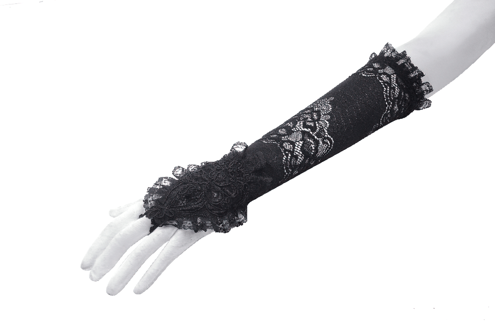 Elegant black lace long fingerless gloves with frills and ruffles, perfect for gothic fashion and special events.