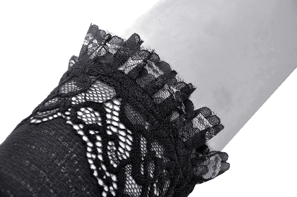 Close-up of black lace long fingerless gloves with frills and ruffles, showcasing intricate lace detailing.