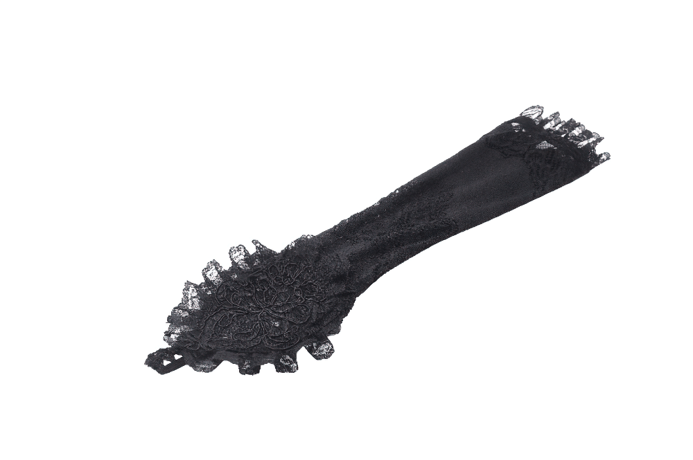 Elegant black lace long fingerless glove with frills and ruffles, perfect for gothic fashion and special events.