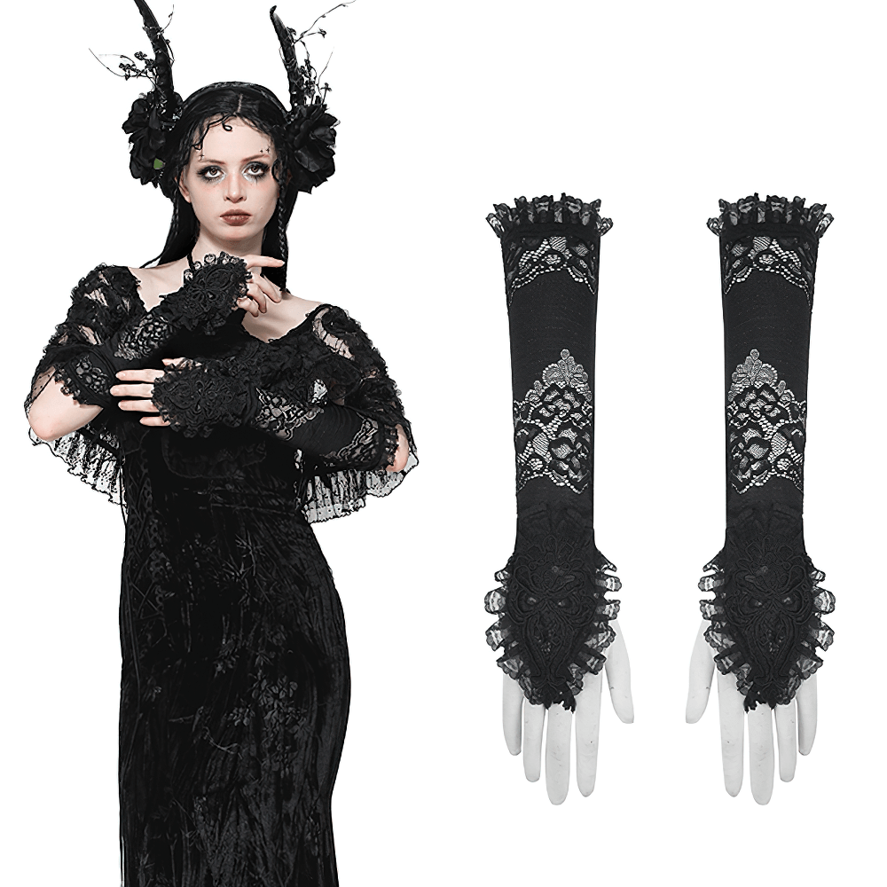 Elegant black lace gothic long fingerless gloves with frills and ruffles, perfect for dark fashion statements.