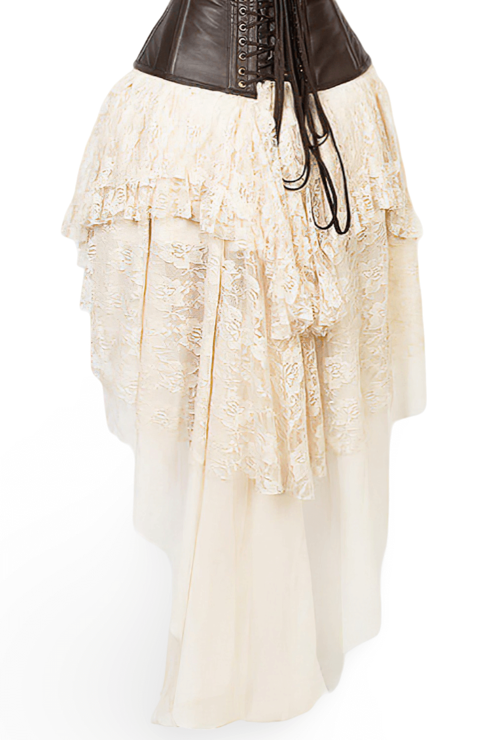 Flowing ivory lace gothic skirt with layered design and elastic waist, perfect for vintage boho styles.