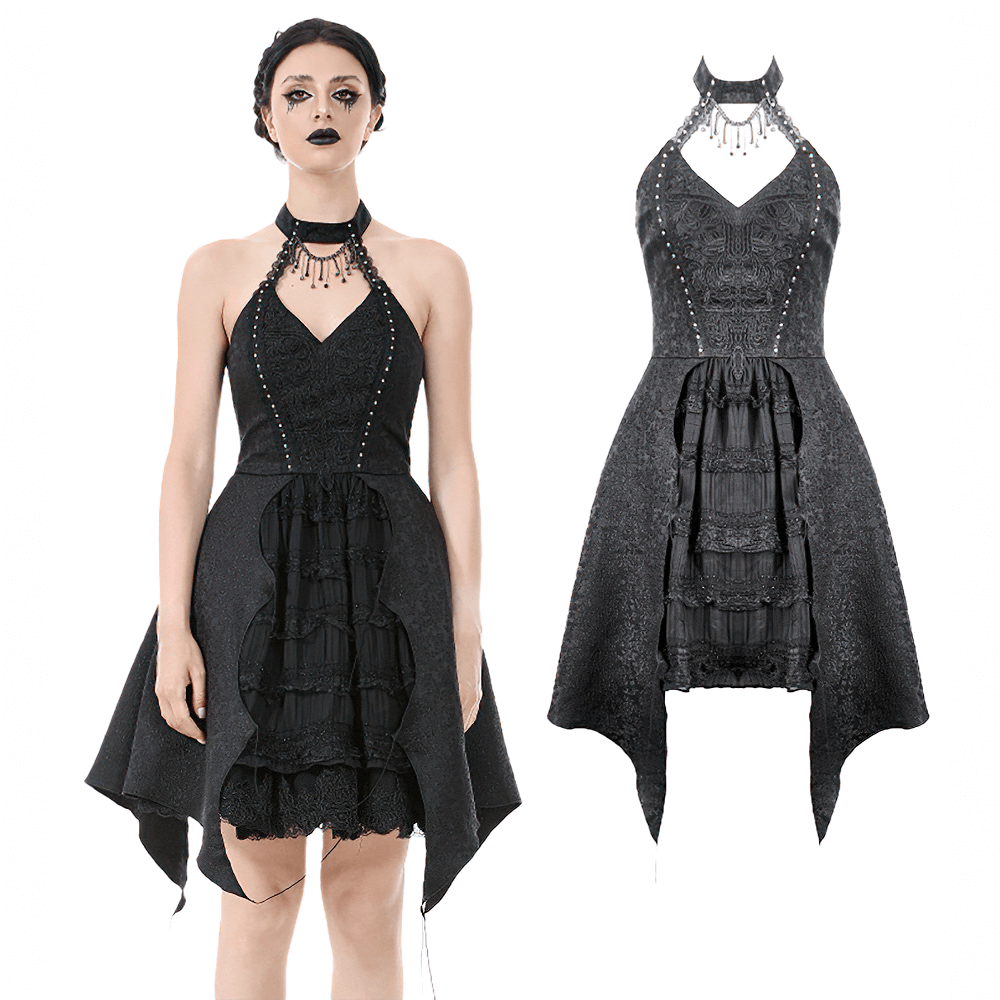 Lace halter corset dress with choker and asymmetrical hem, elegant black design for a gothic chic look.