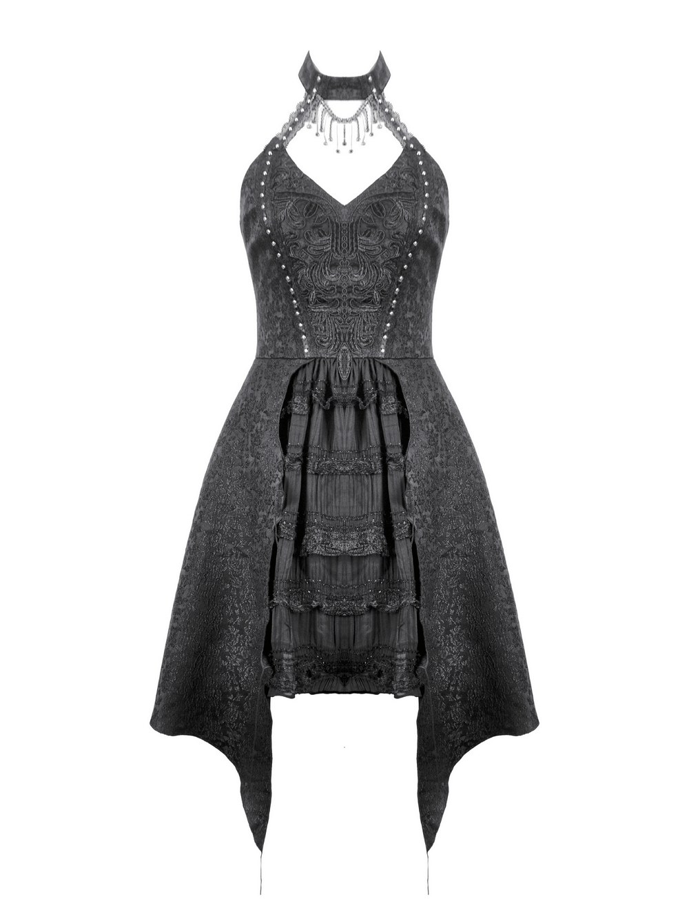Lace halter corset dress featuring a chic choker and stylish asymmetrical hem in black.