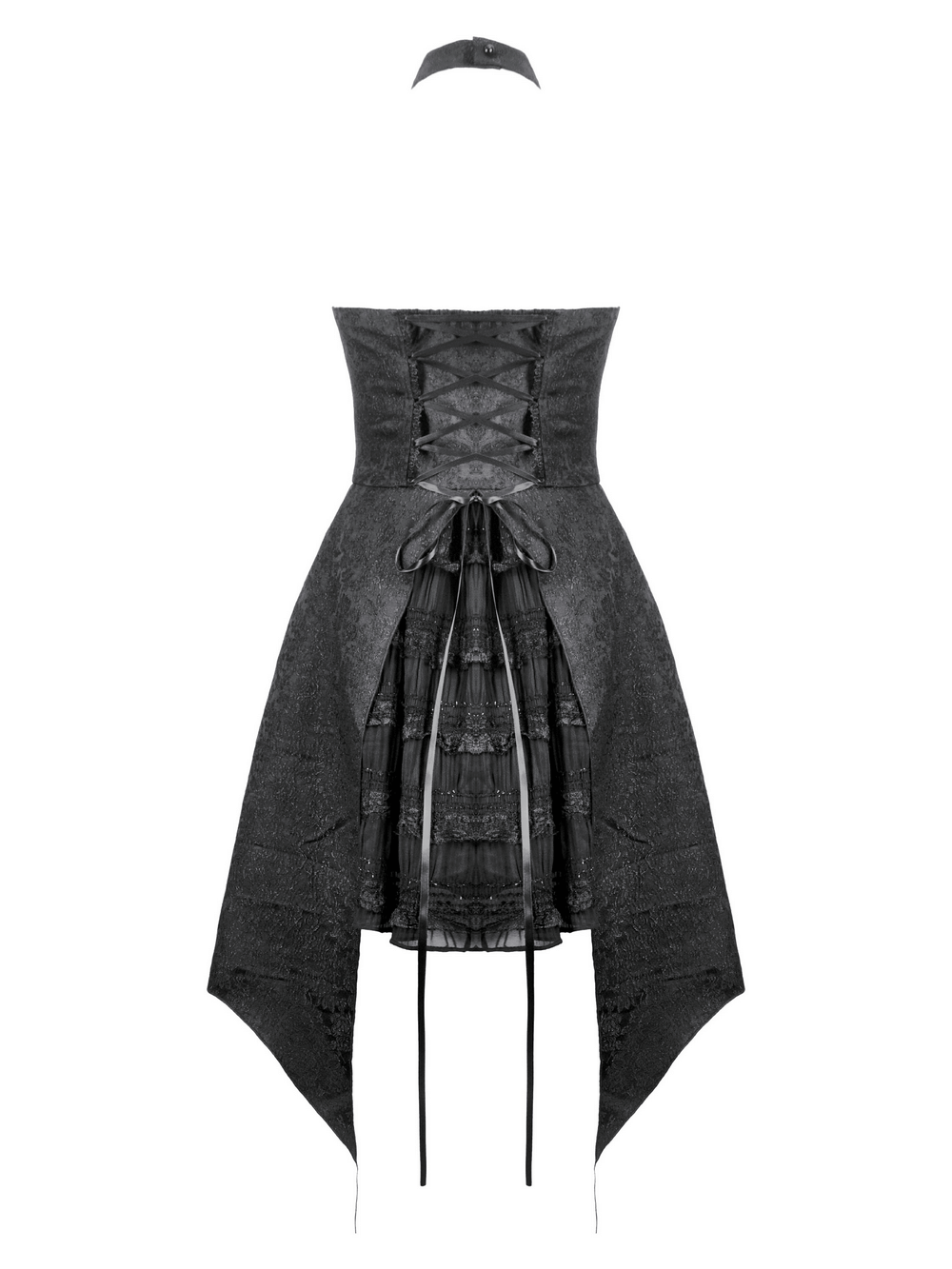 Stylish lace halter corset dress with choker and asymmetrical hem, perfect for elegant evenings.