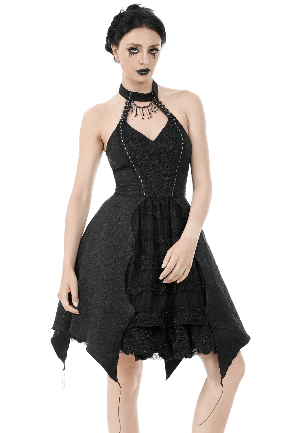 Lace halter corset dress with choker and asymmetrical hem, perfect for gothic-inspired fashion.