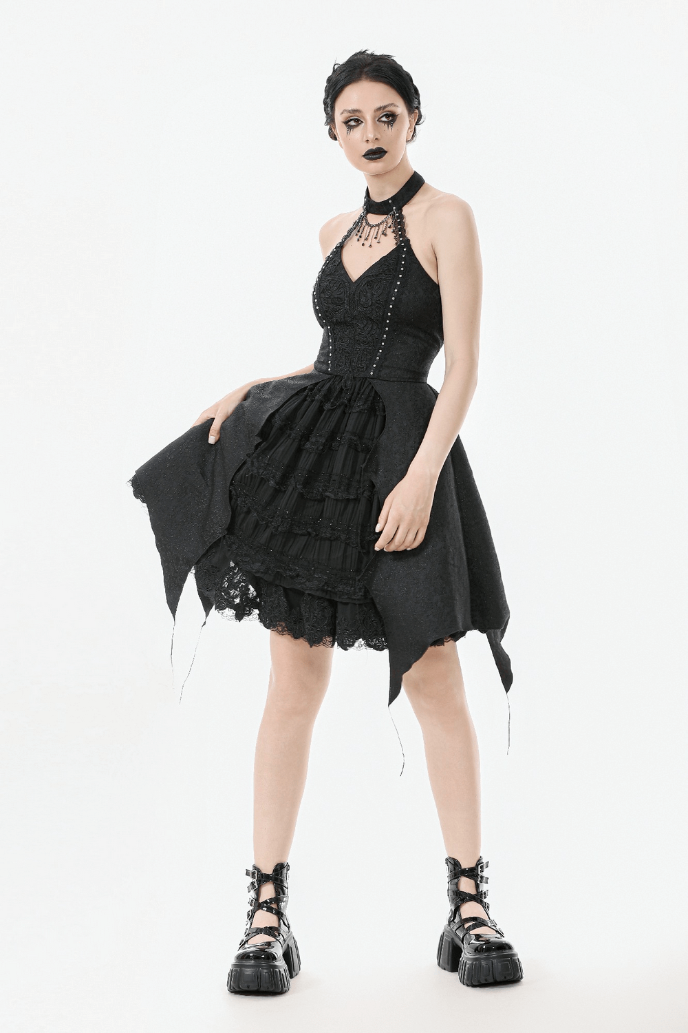 Lace halter corset dress with choker and asymmetrical hem, perfect for edgy, chic style.