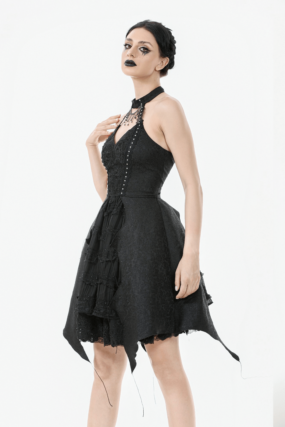 Lace halter corset dress featuring choker and asymmetrical hem, perfect for a gothic chic look.