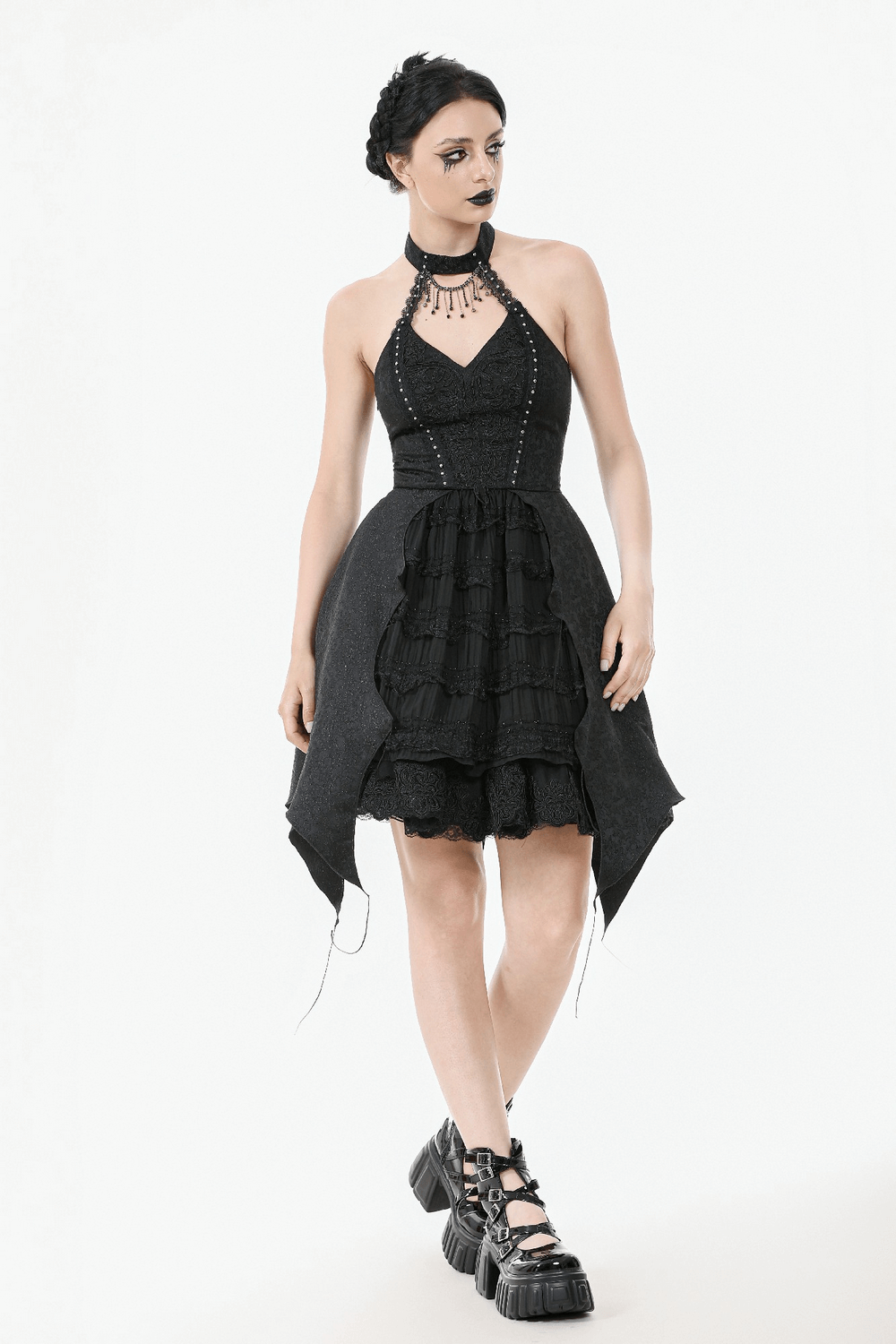 Lace halter corset dress with choker and asymmetrical hem, perfect for gothic fashion lovers.