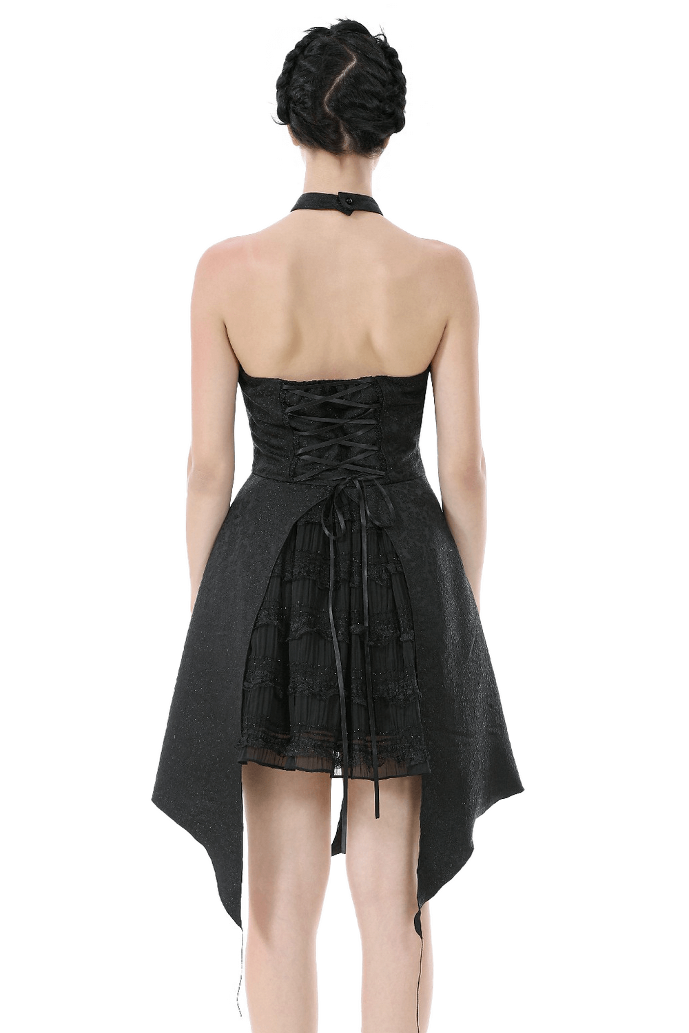 Lace halter corset dress featuring choker and chic asymmetrical hem in elegant black.
