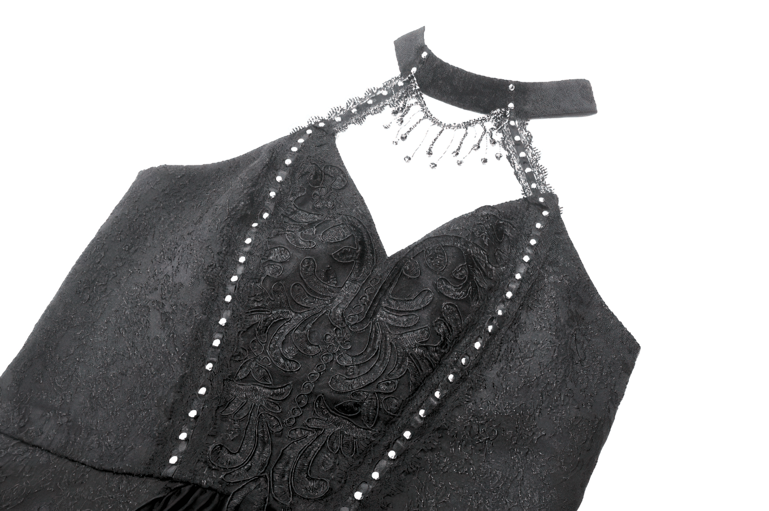 Elegant lace halter corset dress with choker and beading, featuring a stylish asymmetrical hem.