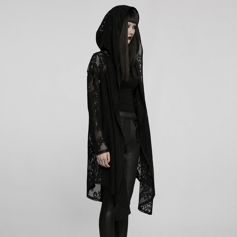 Lace Hooded Gothic Longline Jacket with Pockets - HARD'N'HEAVY