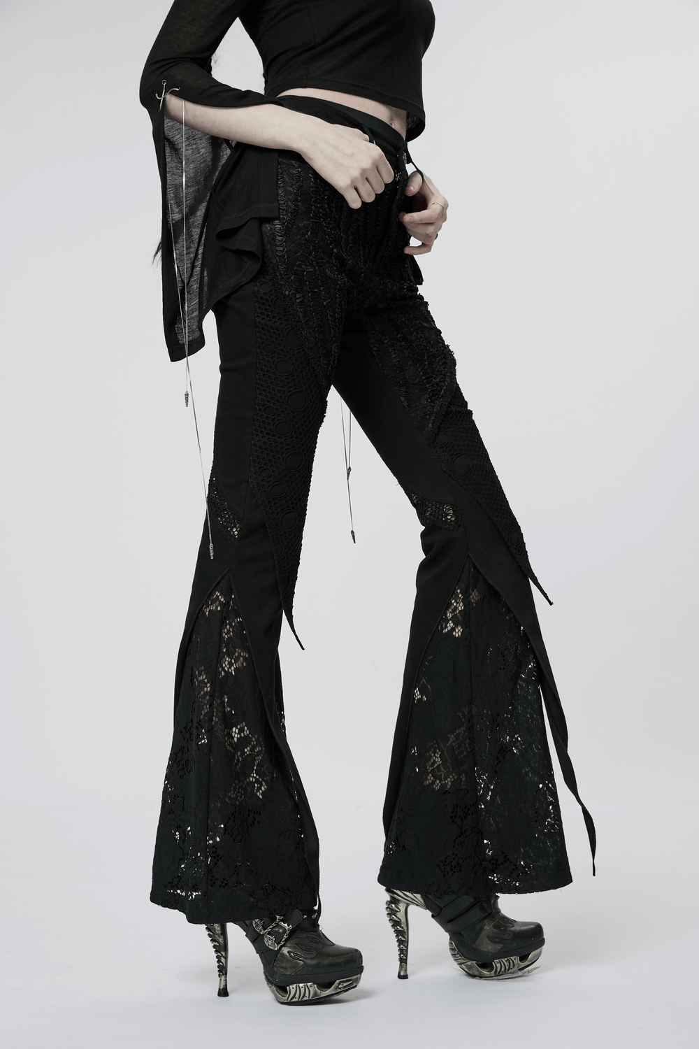 Lace-Infused Micro Elastic Gothic Flare Pants - HARD'N'HEAVY
