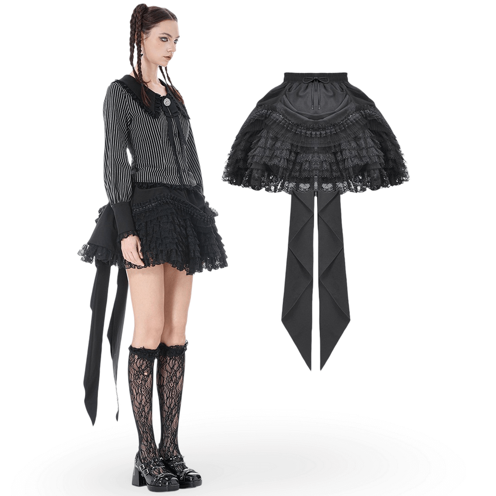 Lace Layered Black Tulle Skirt with Ribbon Detail showcased on model, featuring intricate lace and adjustable design.