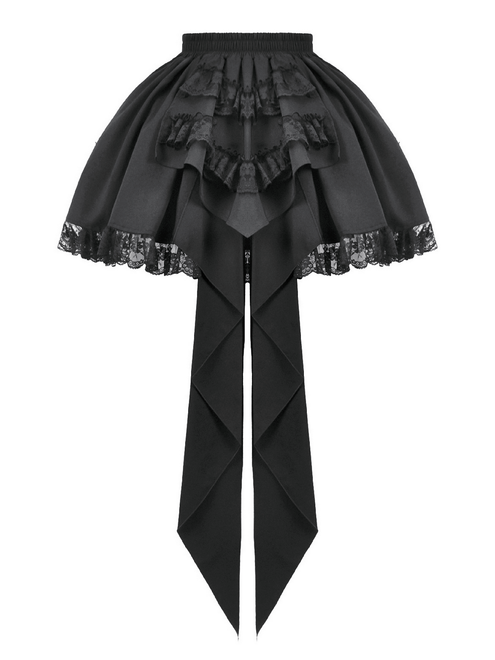 Lace Layered Black Tulle Skirt with Ribbon Detail, featuring layered black lace and tulle in a striking gothic style.