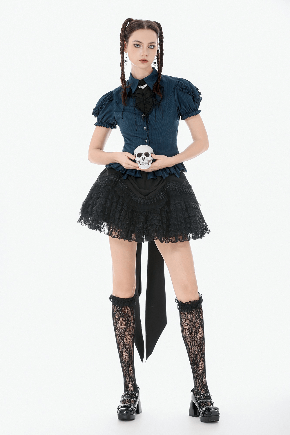 Spitzenbesetzter, geschichteter schwarzer Tüllrock mit Schleifendetail