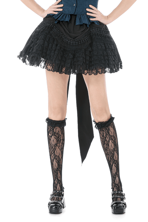 Lace Layered Black Tulle Skirt with Ribbon Detail
