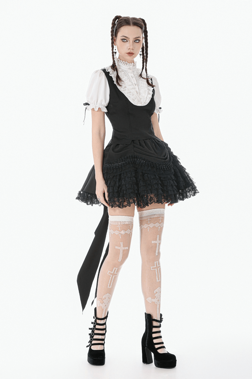 Lace Layered Black Tulle Skirt with Ribbon Detail styled with a gothic outfit and unique accessories.