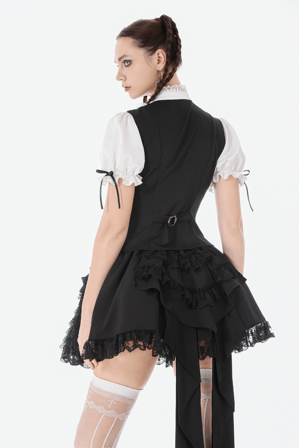 Lace Layered Black Tulle Skirt with Ribbon Detail worn by model showcasing elegant back view.