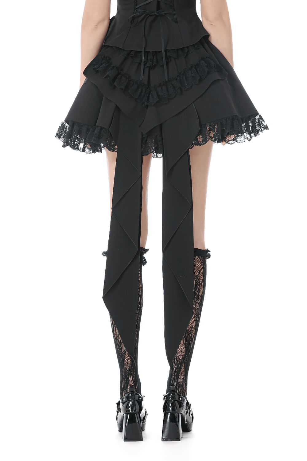 Lace Layered Black Tulle Skirt with Ribbon Detail showcasing a layered design and lace accents.