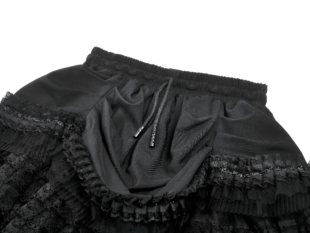 Lace Layered Black Tulle Skirt with Ribbon Detail showcasing adjustable waistband and intricate lace design.