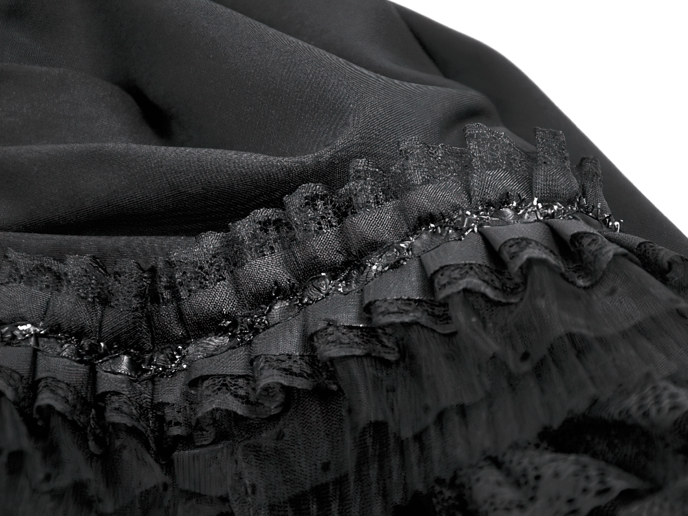 Lace Layered Black Tulle Skirt with Ribbon Detail showcasing ruffled lace and tulle layers for a punk gothic look.