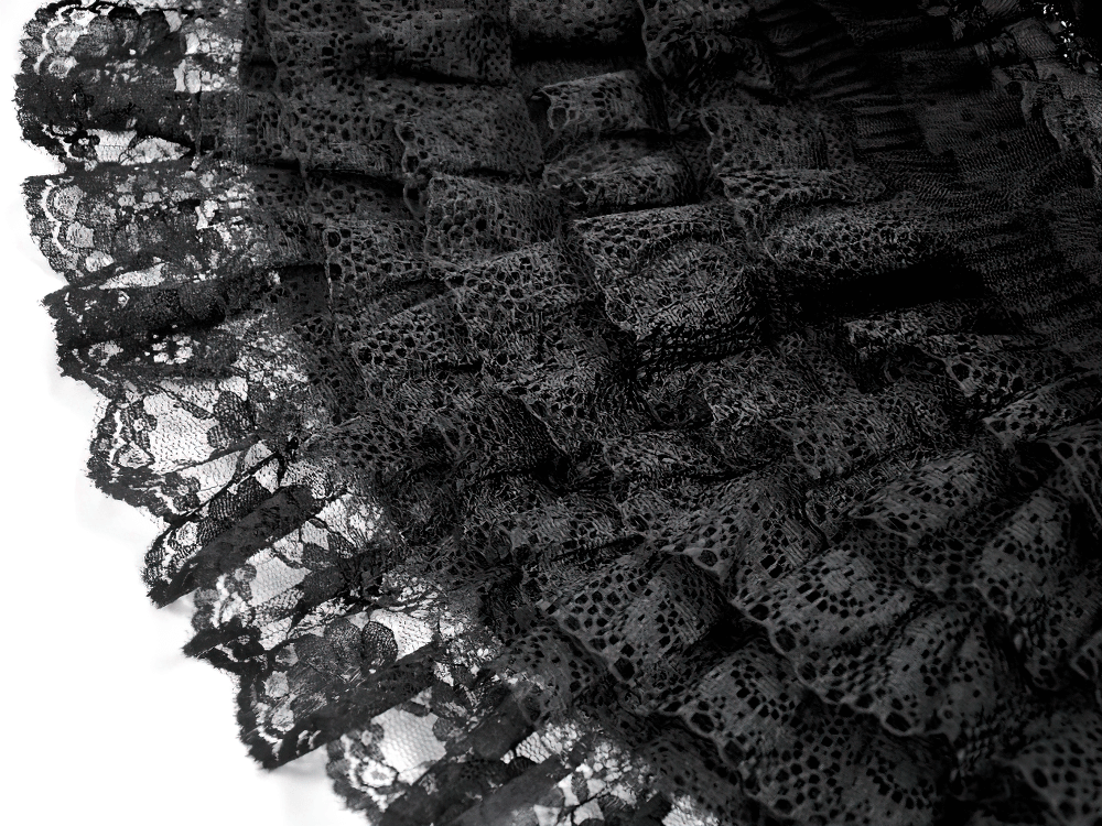 Spitzenbesetzter, geschichteter schwarzer Tüllrock mit Schleifendetail