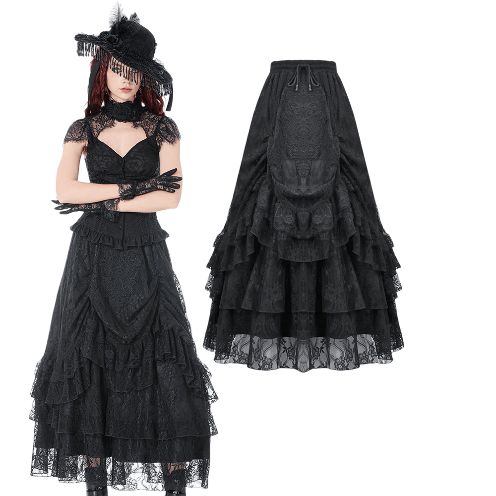 Lace Layered Skirt with Drawstring Waist and Ruffled Hem in black, featuring a dramatic layered design and gothic flair.