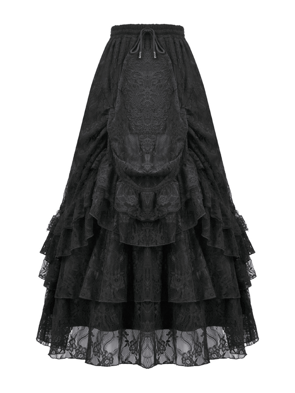 Lace Layered Skirt with Drawstring Waist and Ruffled Hem showcasing dramatic black lace and flouncy tiers.